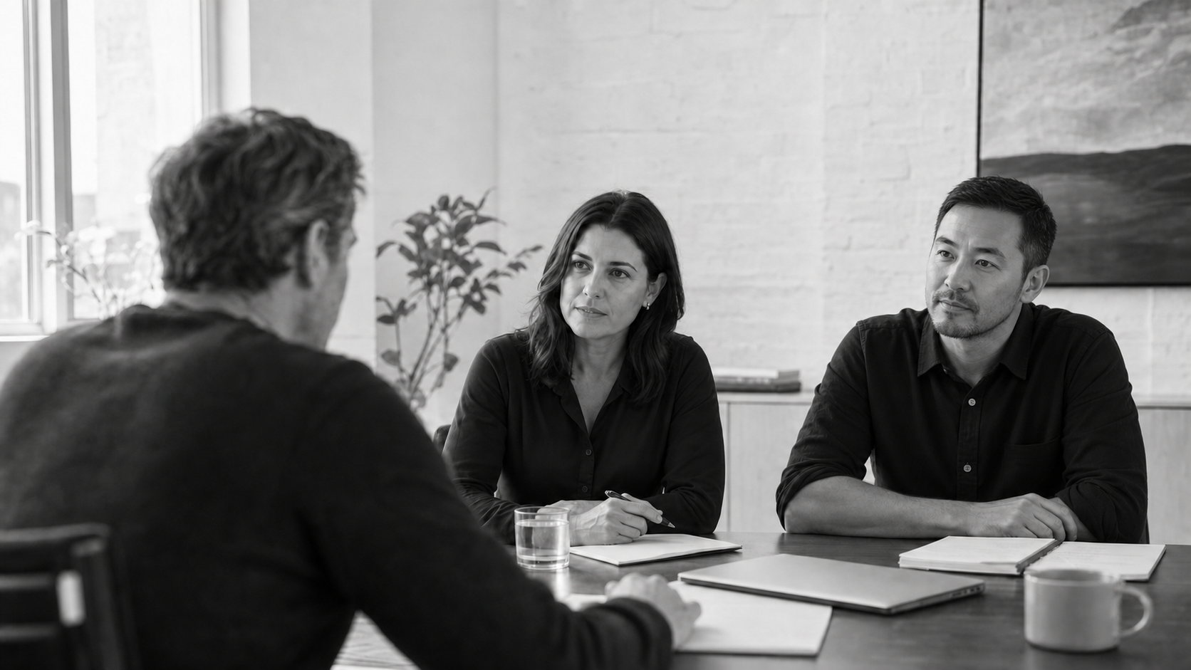 A Franklin & Shaw adviser in a private discussion with two business directors